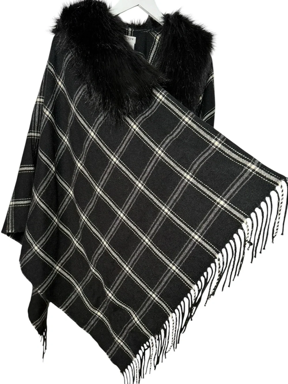 J.Crew Black White Plaid Faux Fur Cape Scarf Fringe One Size Windowpane Wrap